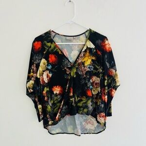 Anthropologie x The Odells Black Floral Long Sleeve Surplice Top Small